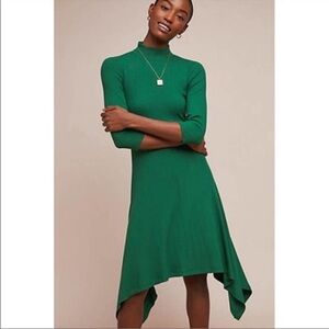 NWT Anthropologie Green Mock Neck Open Back Asymetric Ribbed Dress, S